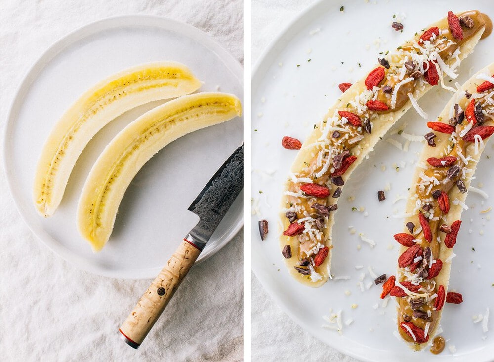 side by side picture of banana sliced and topped with peanut butter, coconut, cacao nibs, and goji berries.