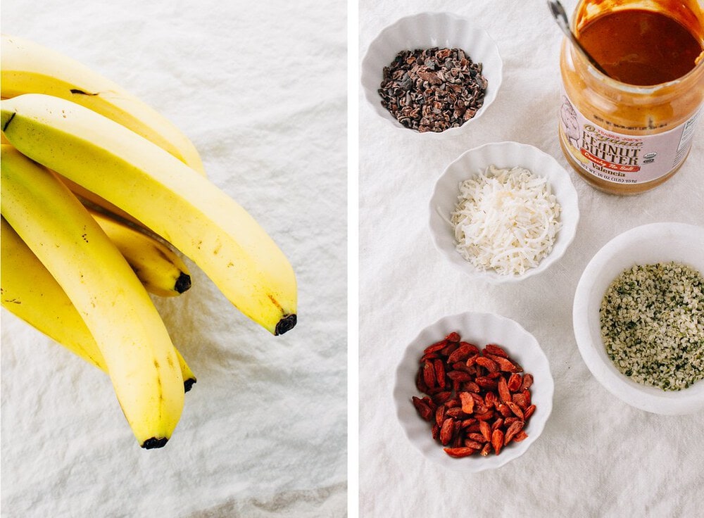 side by side picture of the ingredients needed to make healthy banana boats.
