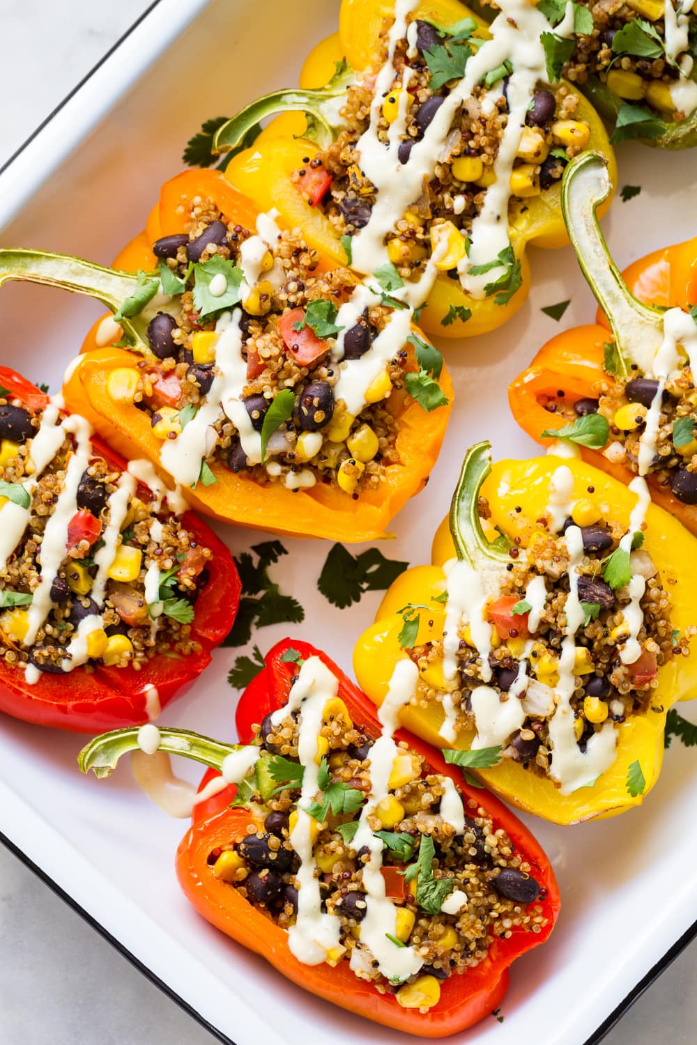 top down view of quinoa stuffed colored bell peppers on a serving dish topped with vegan cashew cheese sauce.