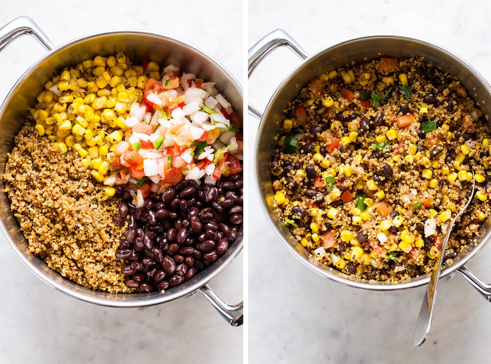 side by side photo of the process of making the tex-mex quinoa in a pot.