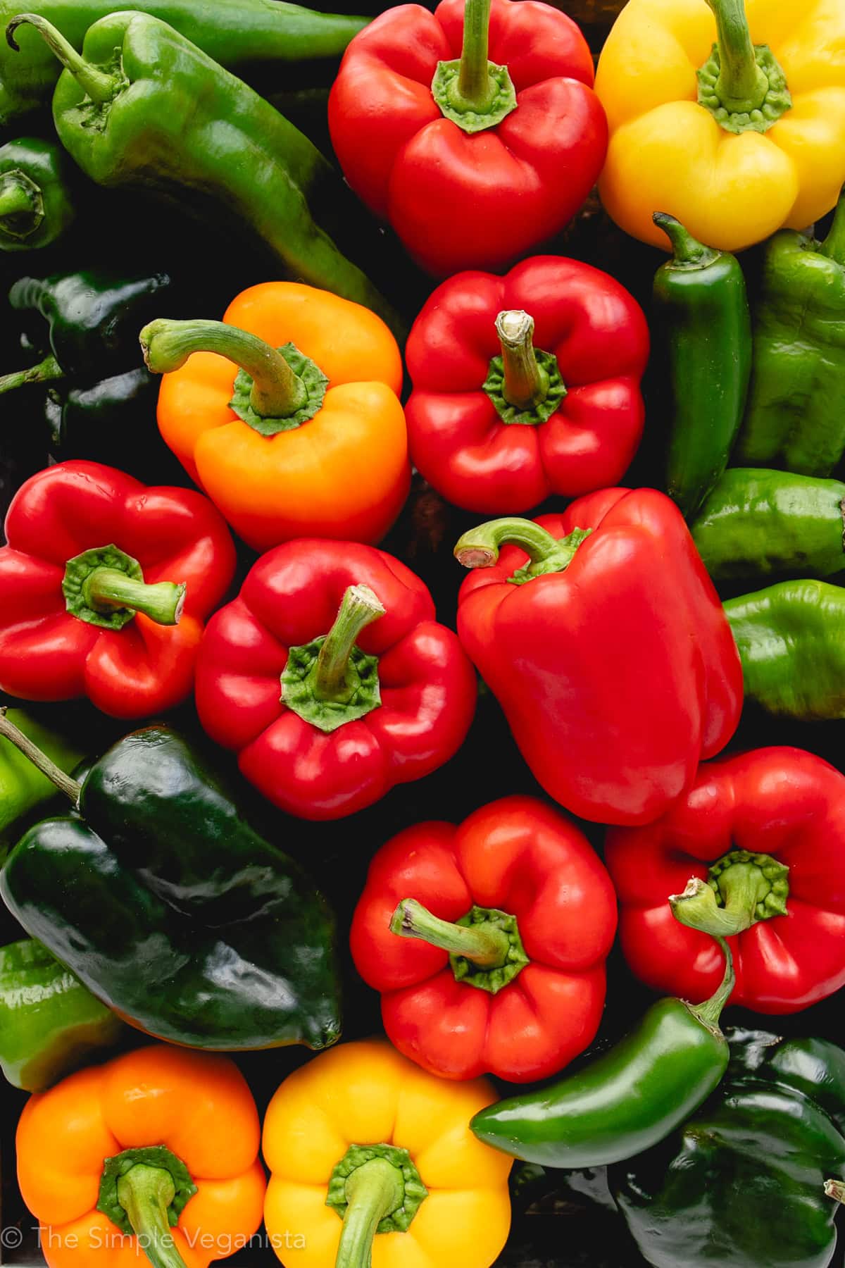flat lay of various colorful peppers.