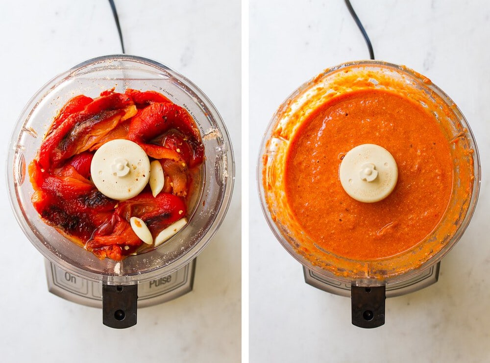 top down view of side by side pictures showing the process of blending easy vegan romesco sauce.
