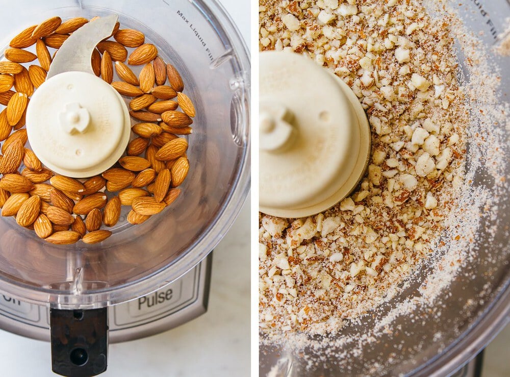 side by side, top down view, of the process of blending almonds in a food processor. 