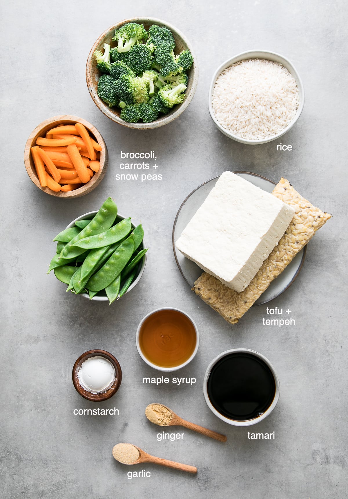 top down view of ingredients used to make teriyaki tofu-tempeh casserole recipe.