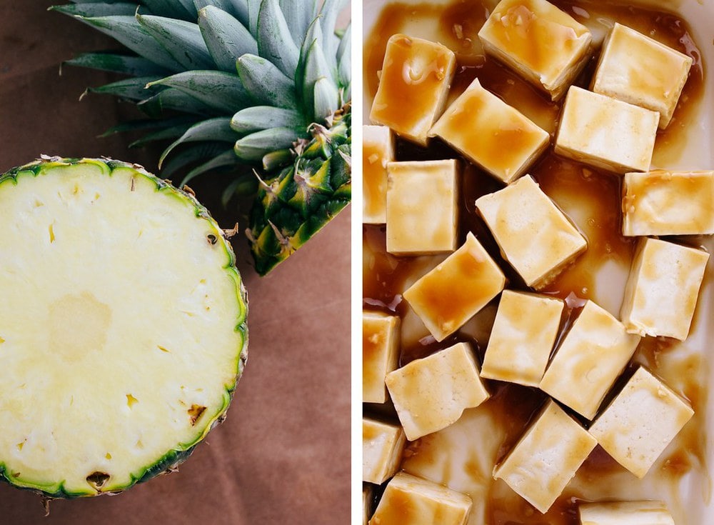 side by side picture of pineapple with top sliced off, next to marinating tofu in pineapple teriyaki sauce.