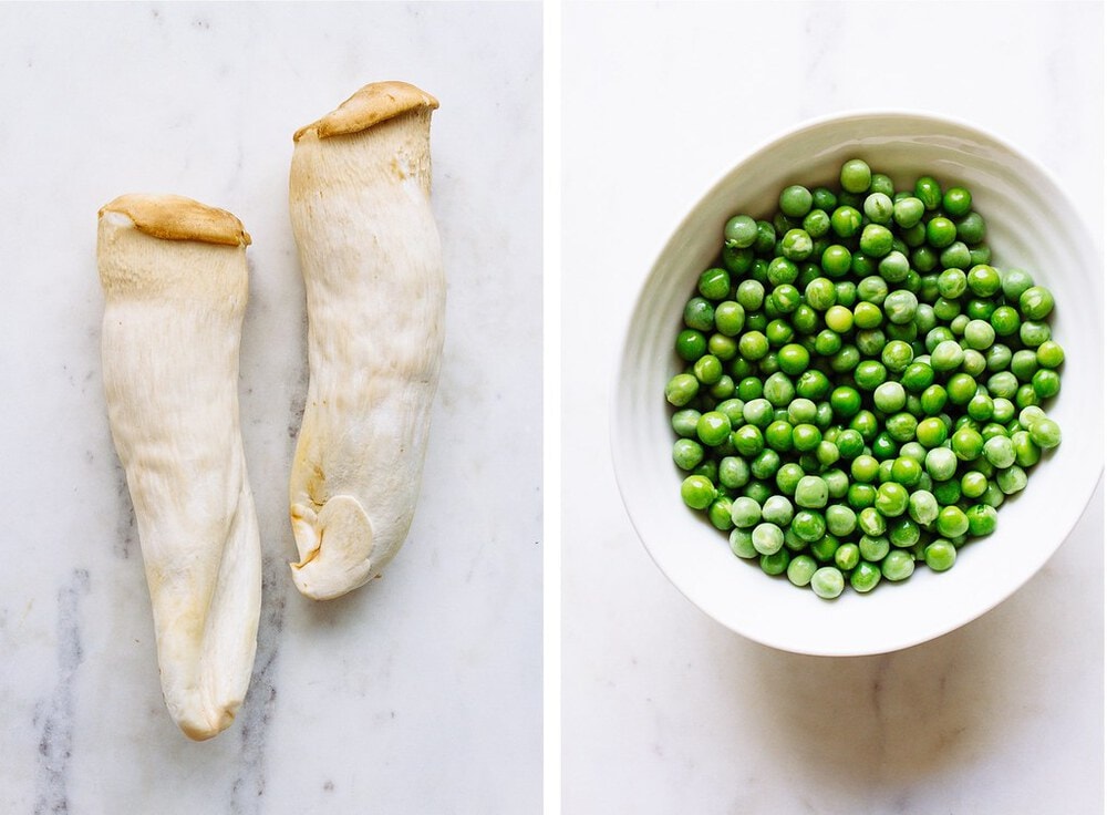 side by side picture of king oyster mushrooms and green peas in a white bowl