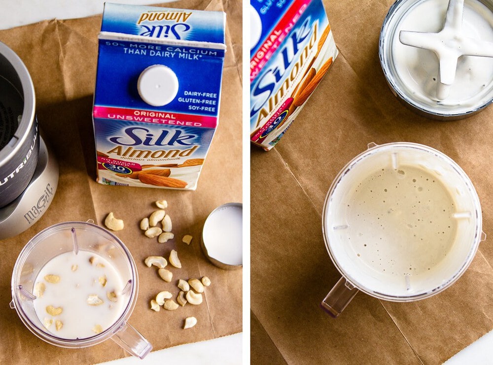 side by side picture of the process of making vegan cashew cream.