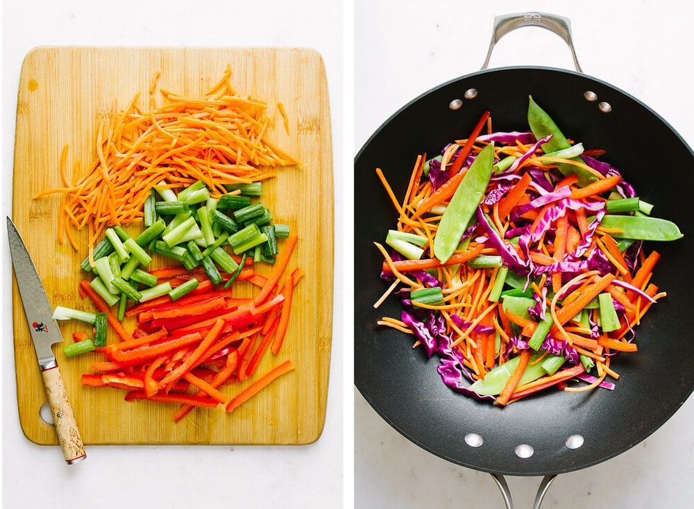 side by side pictures showing the process of prepping and cooking veggies for thai zucchini noodle salad bowl.