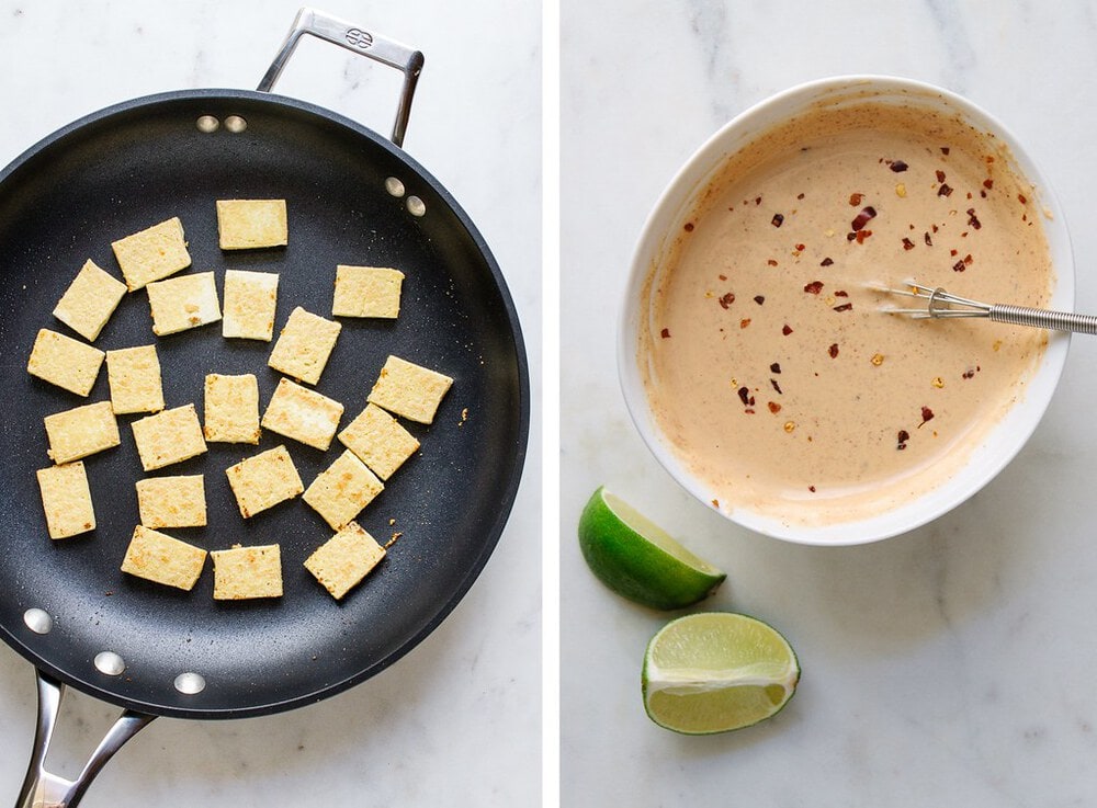 side by side picture of crispy tofu in a pan, next to peanut dressing for the thai zucchini noodle salad.