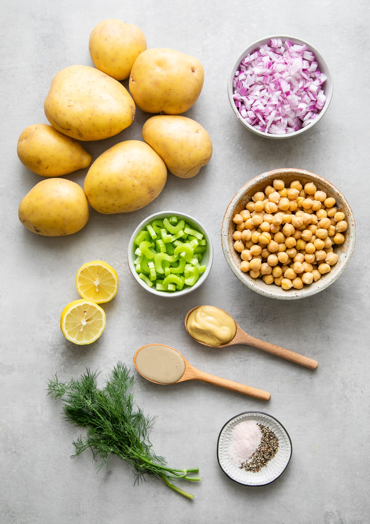 top down view of ingredients used to make creamy dill potato salad recipe.