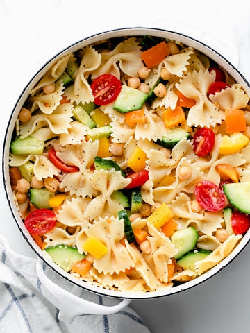top down view of freshly made vegetable pasta in a pot.