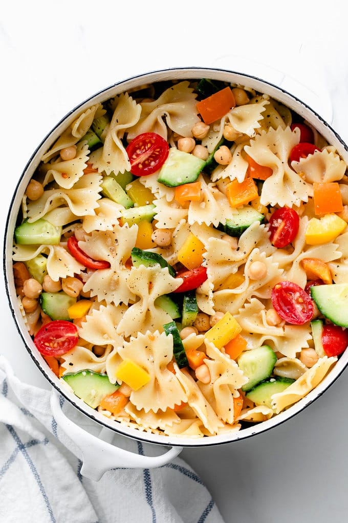 top down view of freshly made vegetable pasta in a pot.