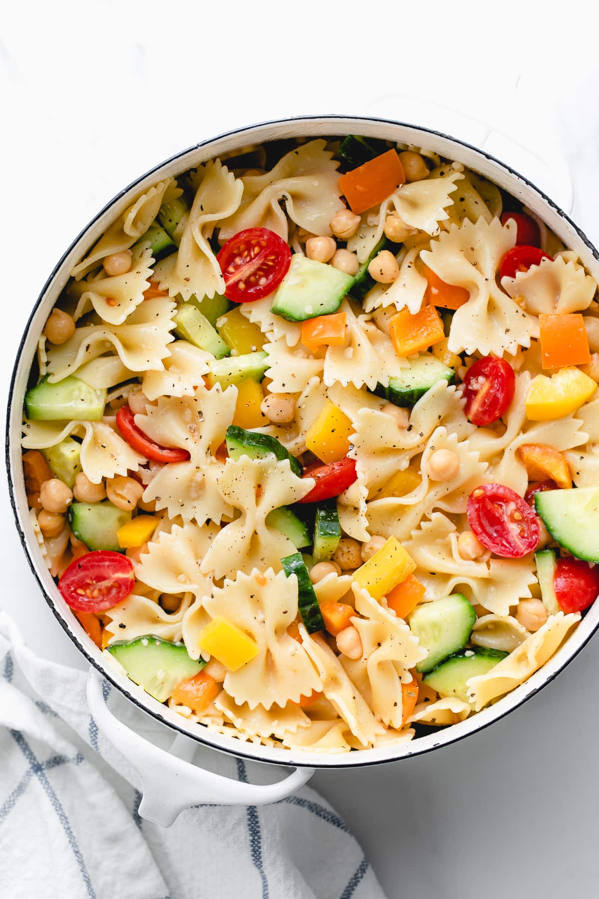 top down view of freshly made vegetable pasta in a pot.