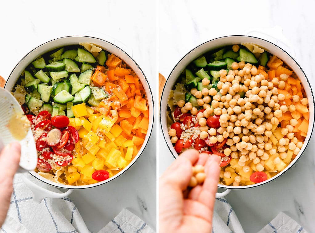 side by side photos showing the process of making healthy vegetable pasta with chickpeas.