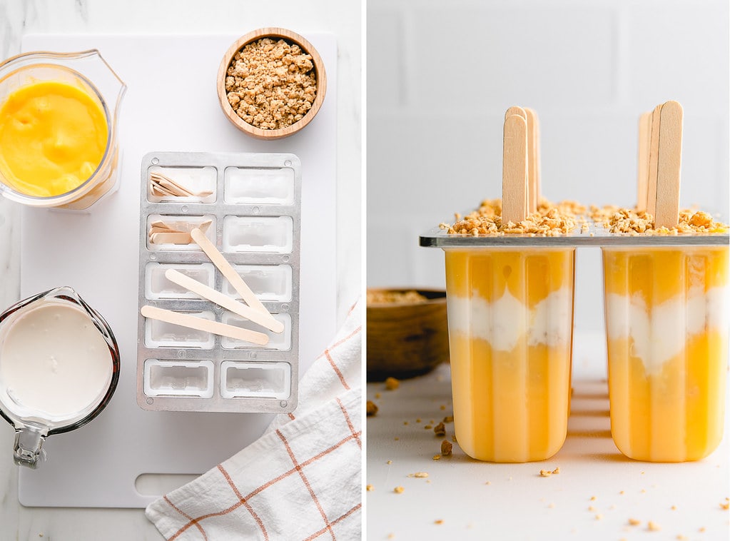 side by side photos showing the process of making coconut mango popsicles.