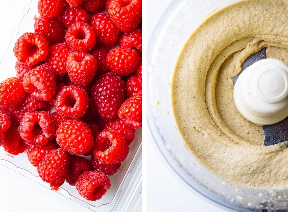 side by side picture of fresh raspberries, next to vanilla cheesecake base in food processor.