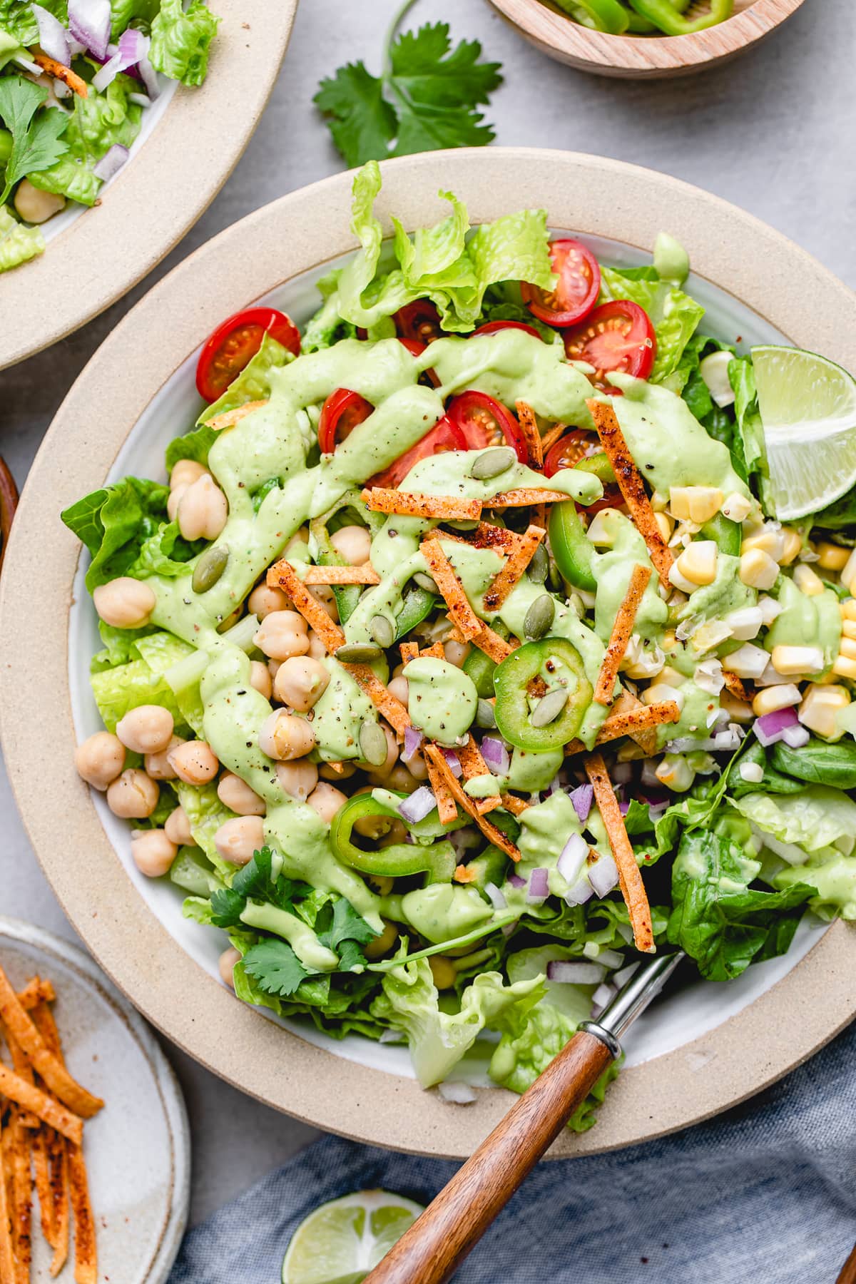 top down view of southwestern chickpea salad with avocado dressing.