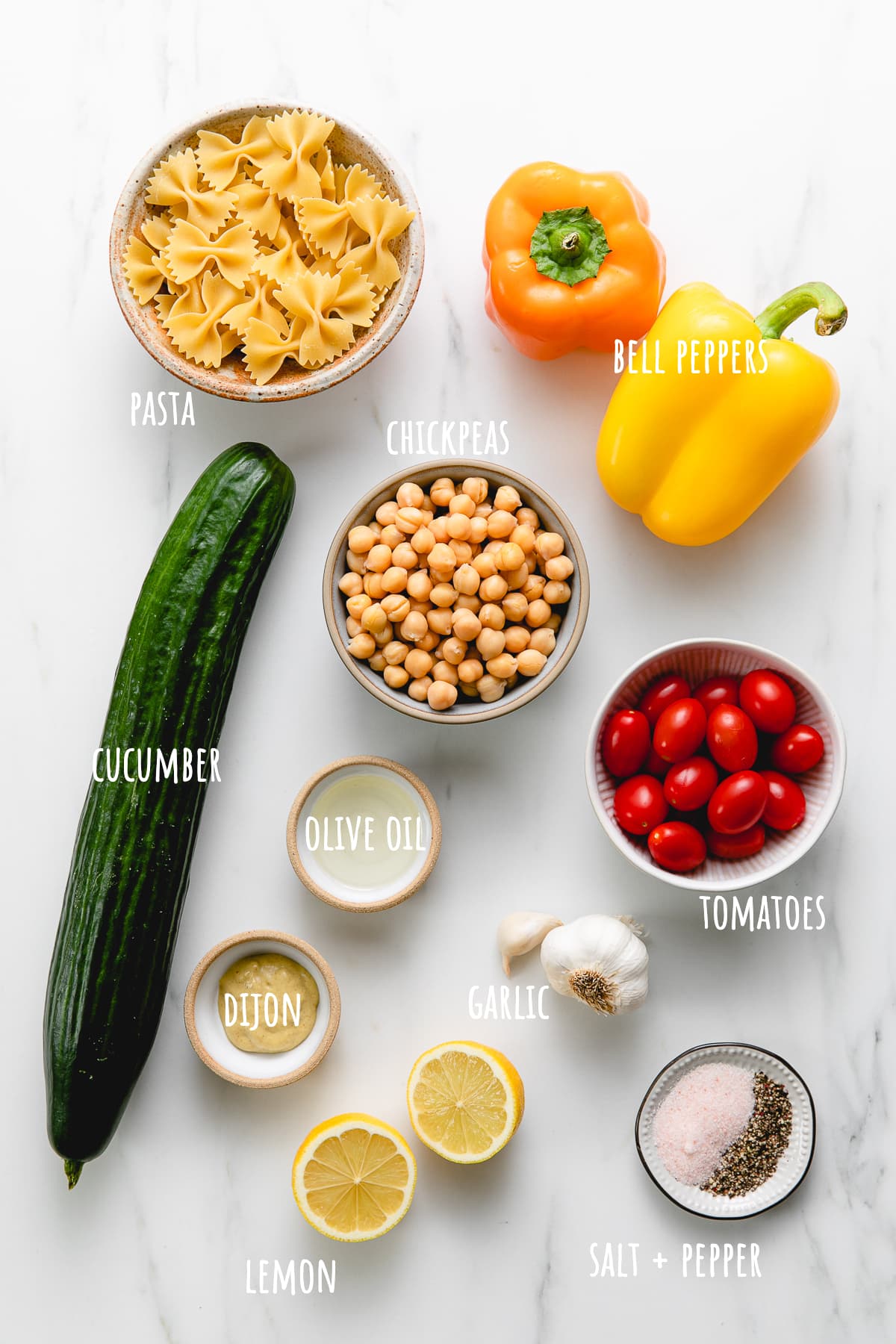 top down view of ingredients used to make healthy vegetable pasta.