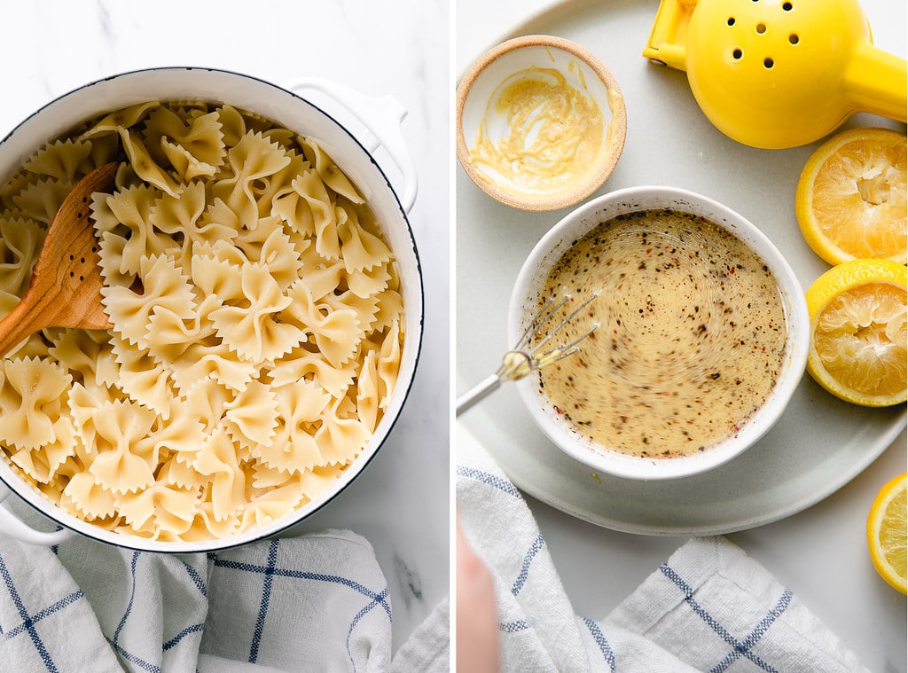 side by side photos of cooked pasta in a pot and lemon dressing in a small bowl.