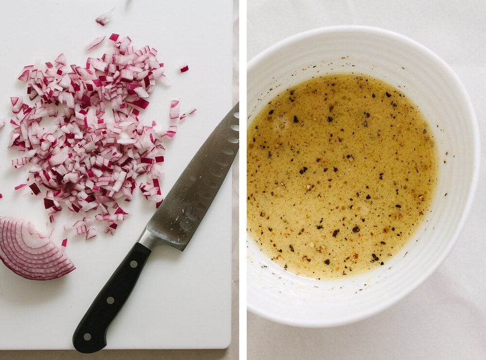 side by side photo of finely diced onions and dressing for autumn wheat berry butternut squash salad.