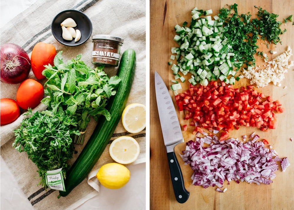 top down, side by side, view of the ingredients for balela salad on a linen dishtowel, next to the produce chopped and ready to use