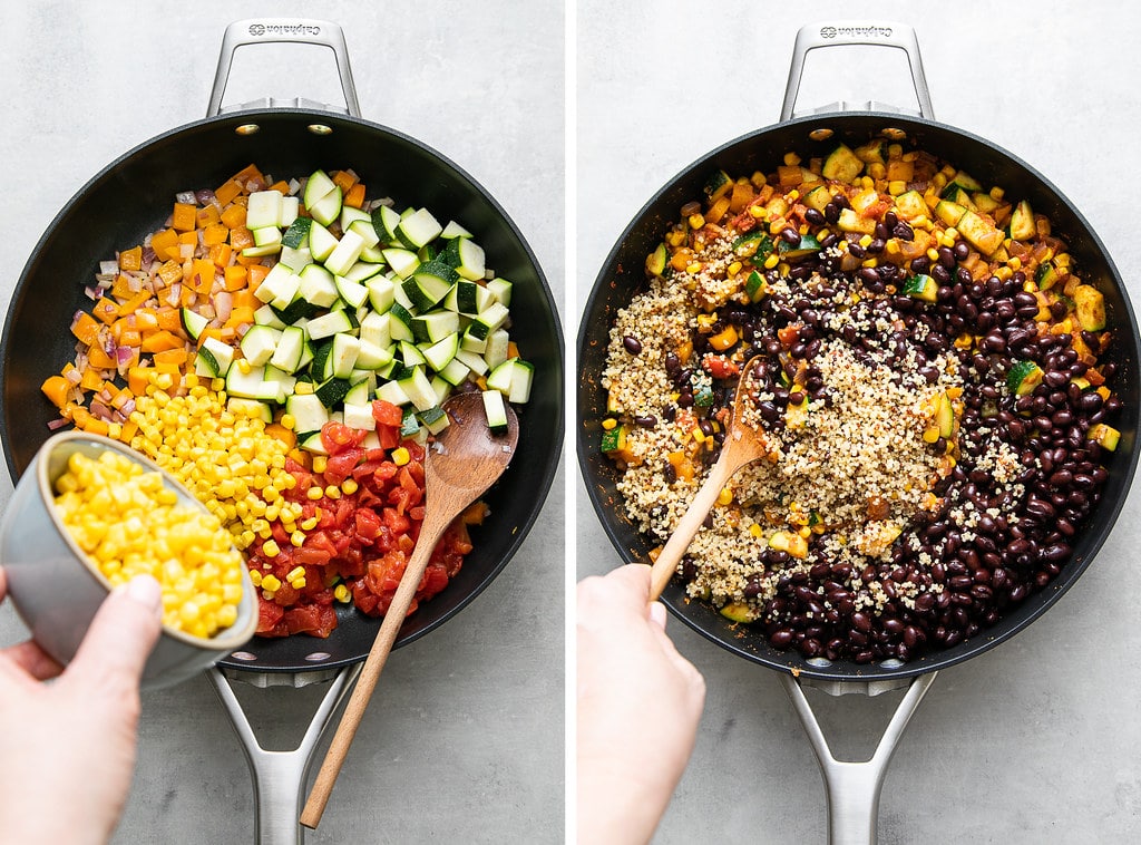 top down view showing the process of making vegetable burrito filling.