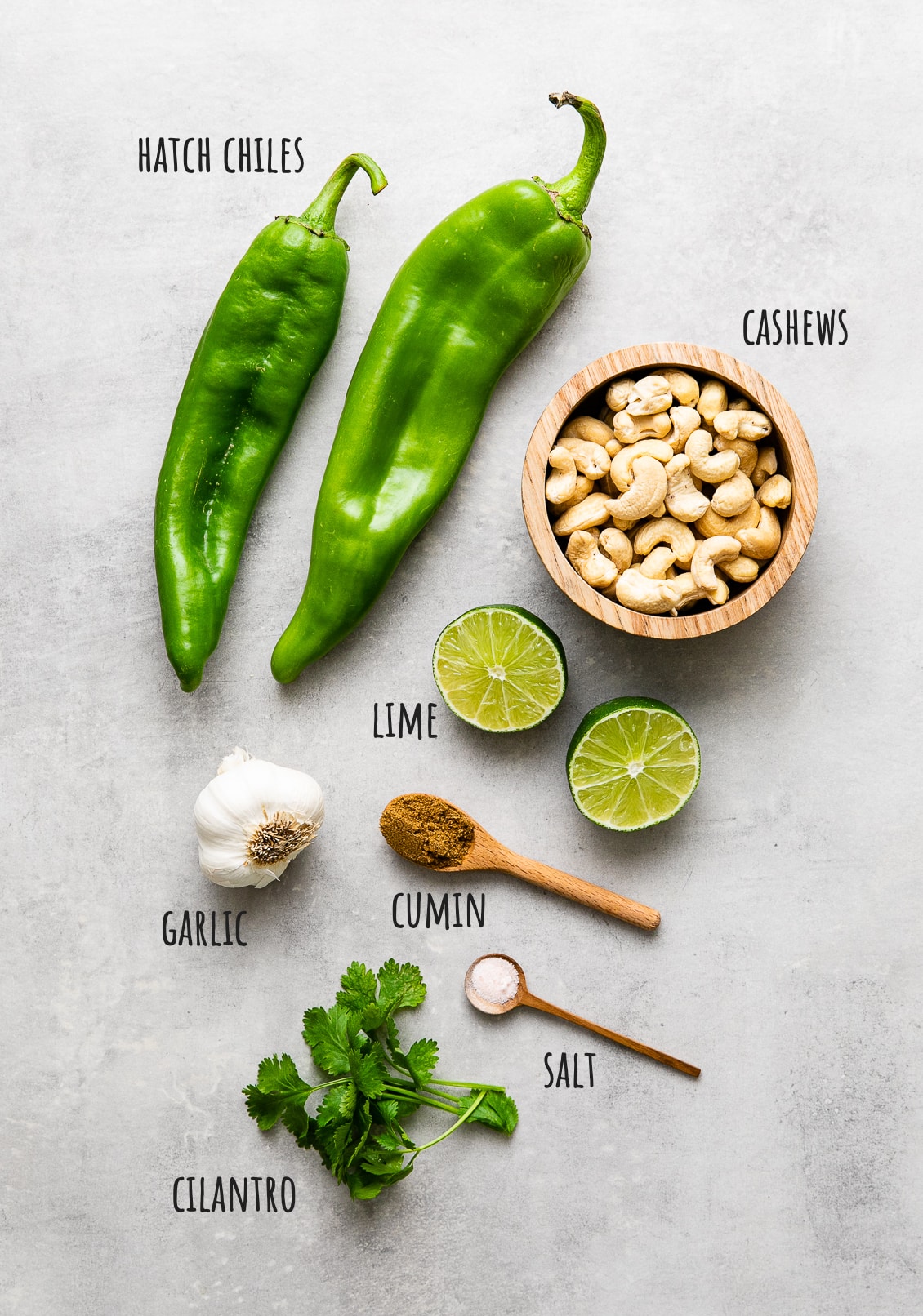 top down view of ingredients used to make ranch -style hatch chile dressing.