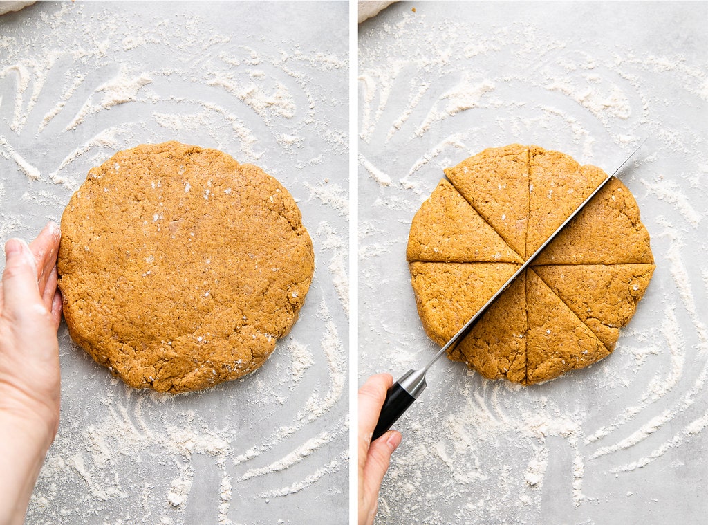 top down view of photos showing the process of shaping and cutting pumpkin scone dough.
