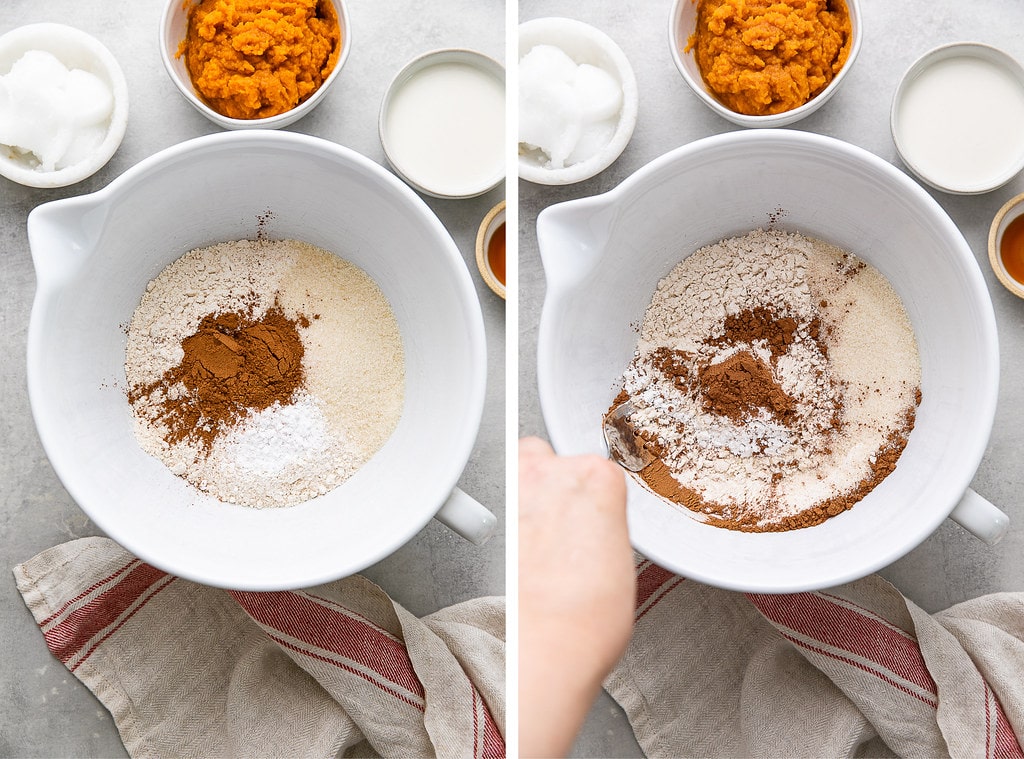 side by side photos showing the process of mixing dry ingredients together.