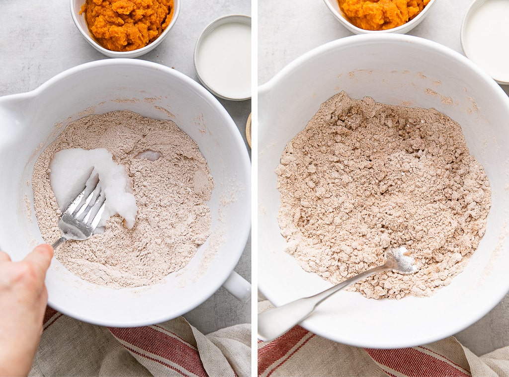side by side photos showing the process of cutting coconut oil into dry ingredients.