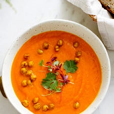 CARROT, SWEET POTATO + CORIANDER SOUP W/ ROASTED TURMERIC CHICKPEAS