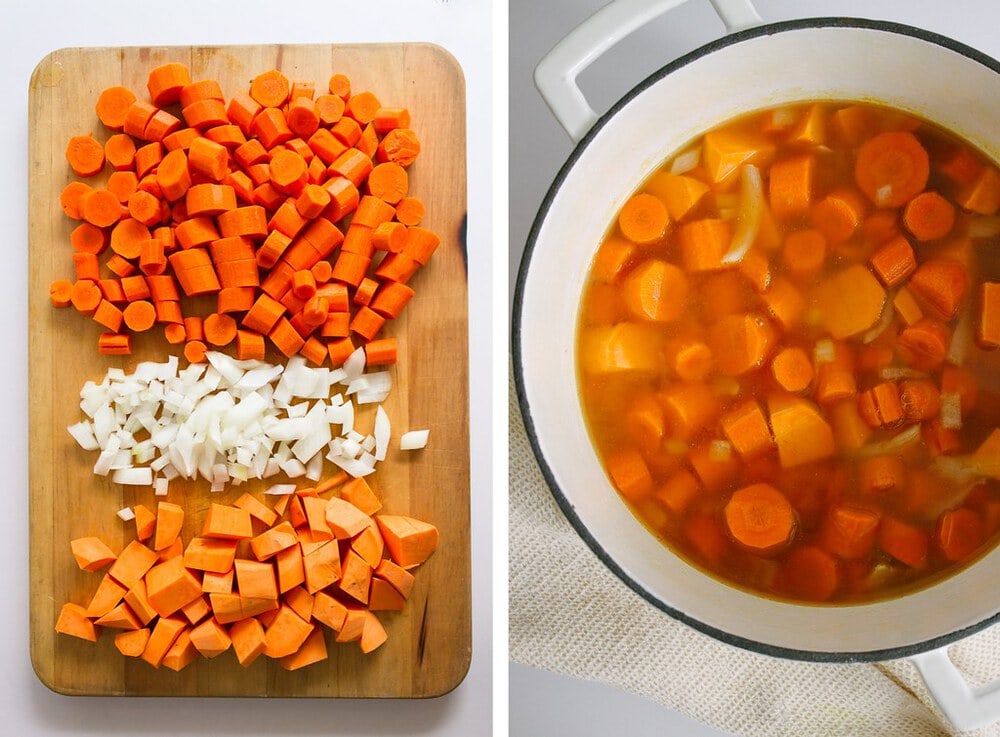 side by side picture of chopped veggies and then cooked veggies in a soup pot with liquids.