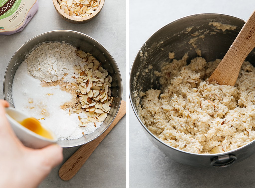 side by side photos showing the process of making coconut macaroon batter.