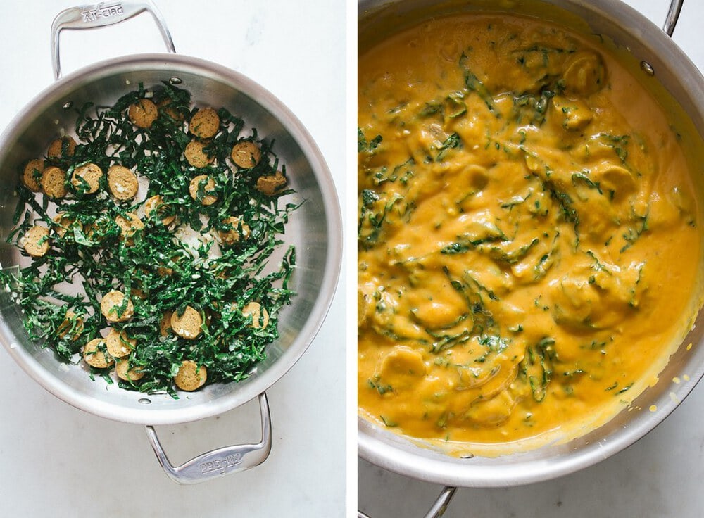 side by side photos of the process of making creamy pumpkin sauce with kale and sausage.