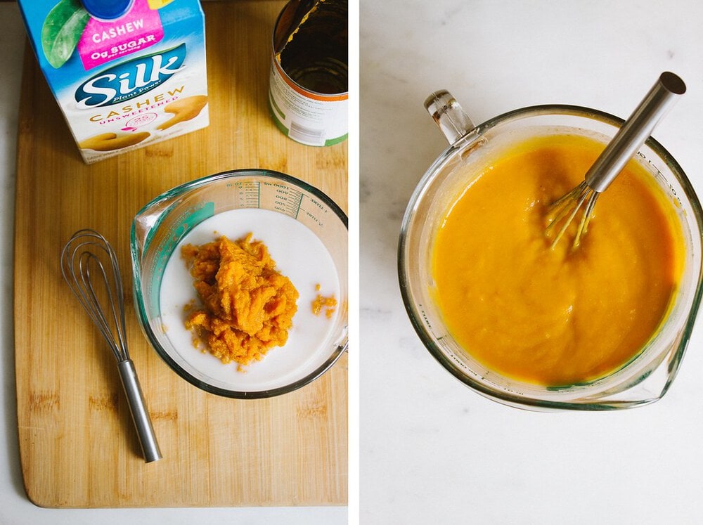 side by side process shots of making creamy pumpkin sauce.