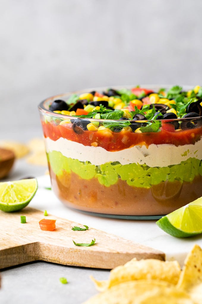 head on view of the best vegan seven layer dip.