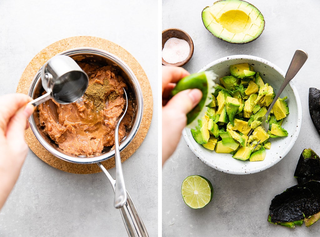 side by side showing the process of prepping refried beans and guacamole.