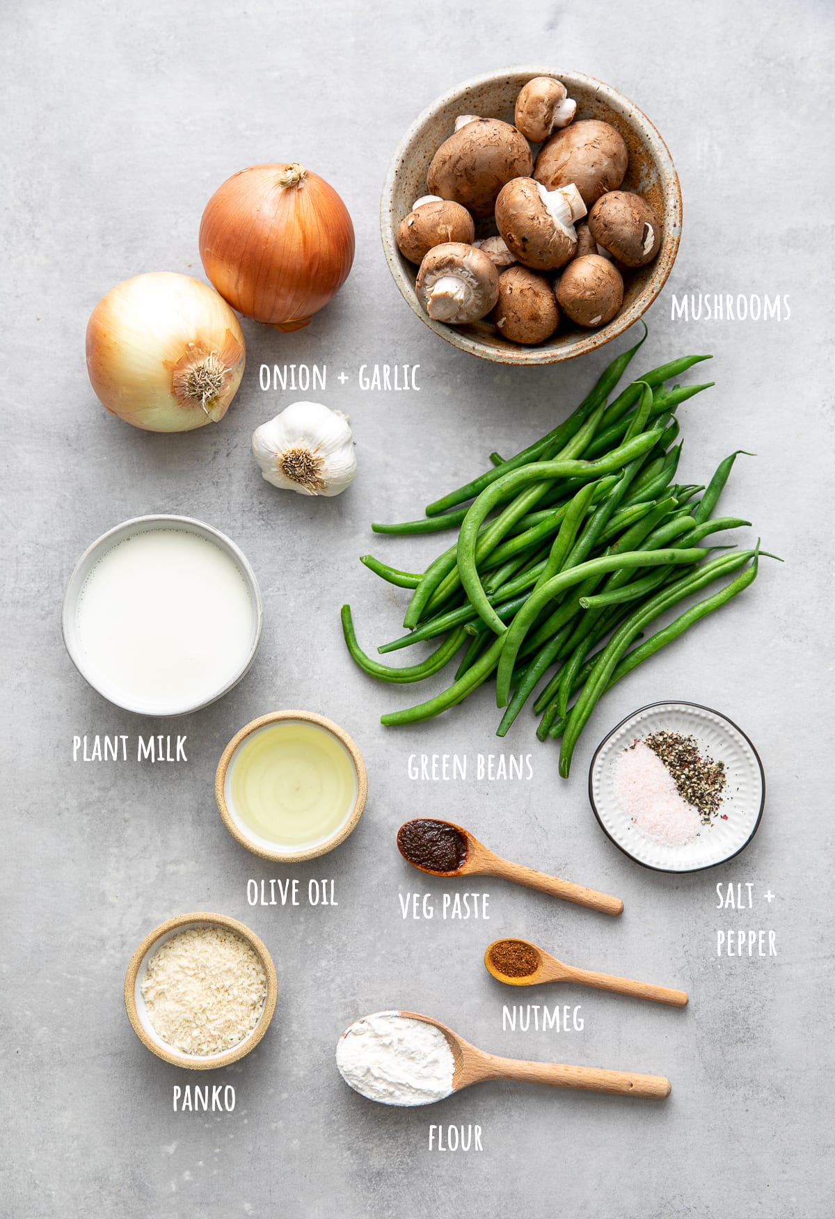 top down view of ingredients used to make healthy vegan green bean casserole.