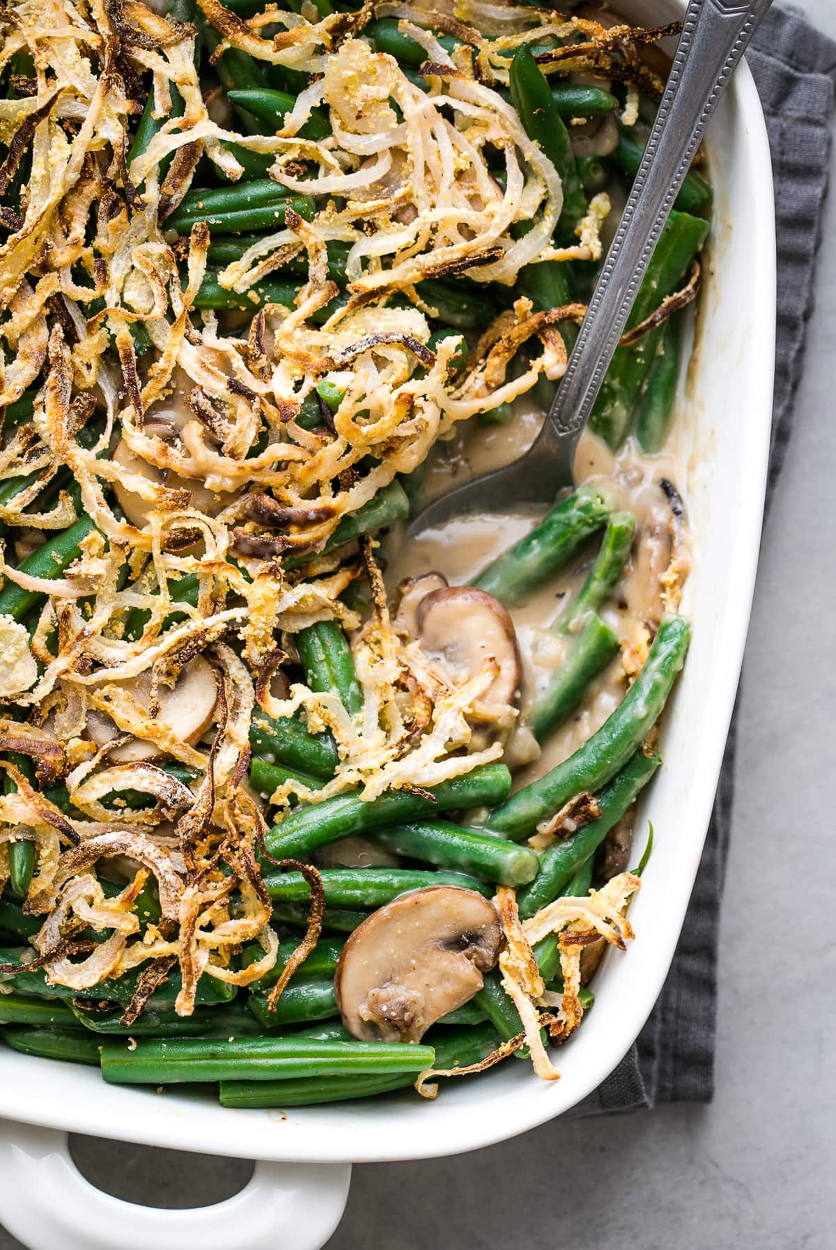 side angle view of healthy green bean casserole.