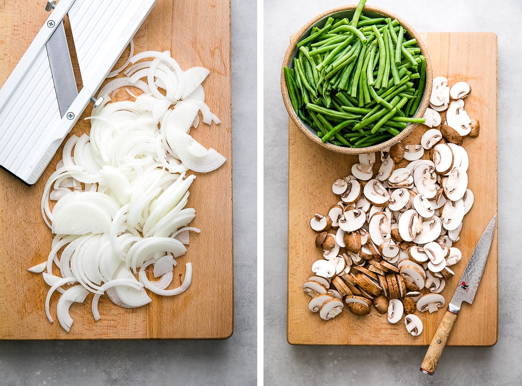 side by side photos of prepped veggies.