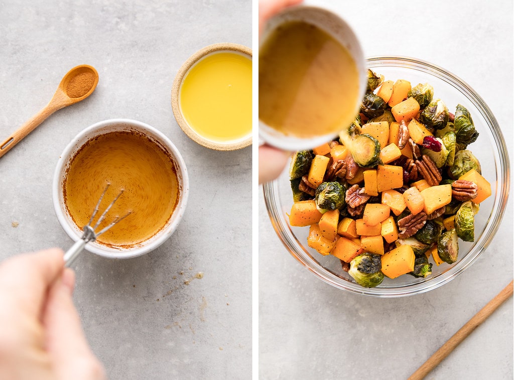 side by side photos of orange cinnamon dressing made and tossed with roasted veggies.