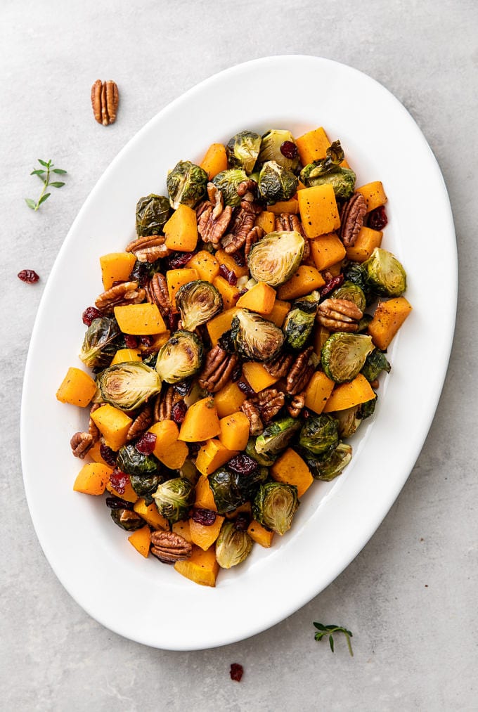 Roasted Brussels Sprouts & Butternut Squash w/ Cranberries + Pecans