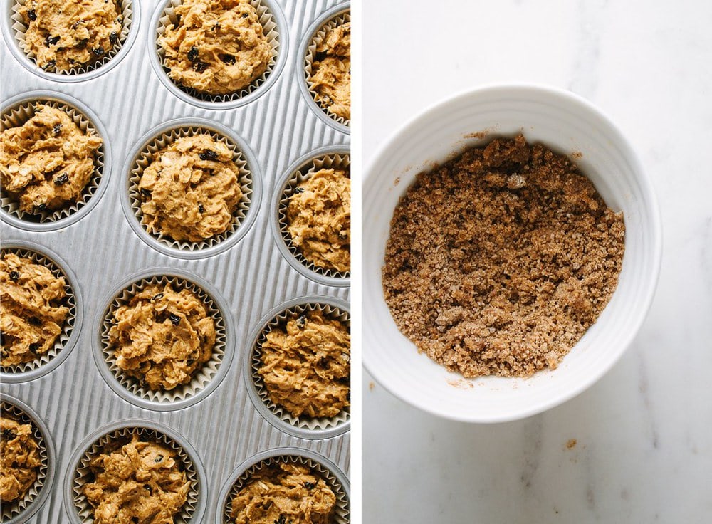 top down, side by side, picture of muffin batter added to paper liners in a muffin tin and topped with crumble topping, next pic is the crumble topped mixed in a bowl