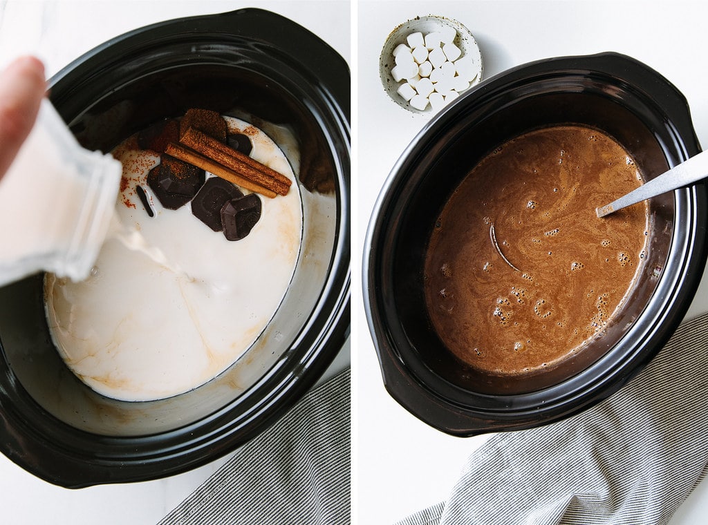 top down view showing the process of making Mexican hot cocoa in a slow cooker.