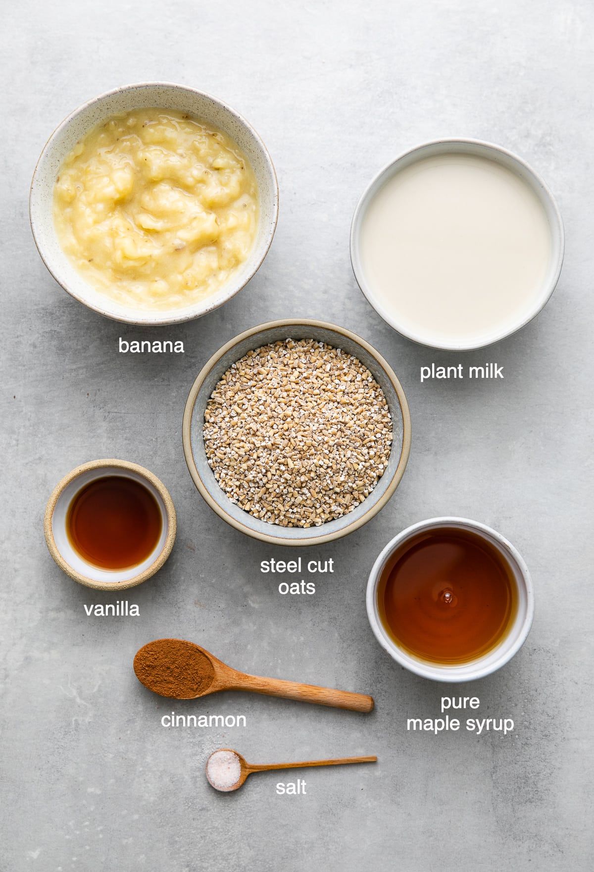 top down view of ingredients used to make overnight steel cut oats recipe with banana puree.