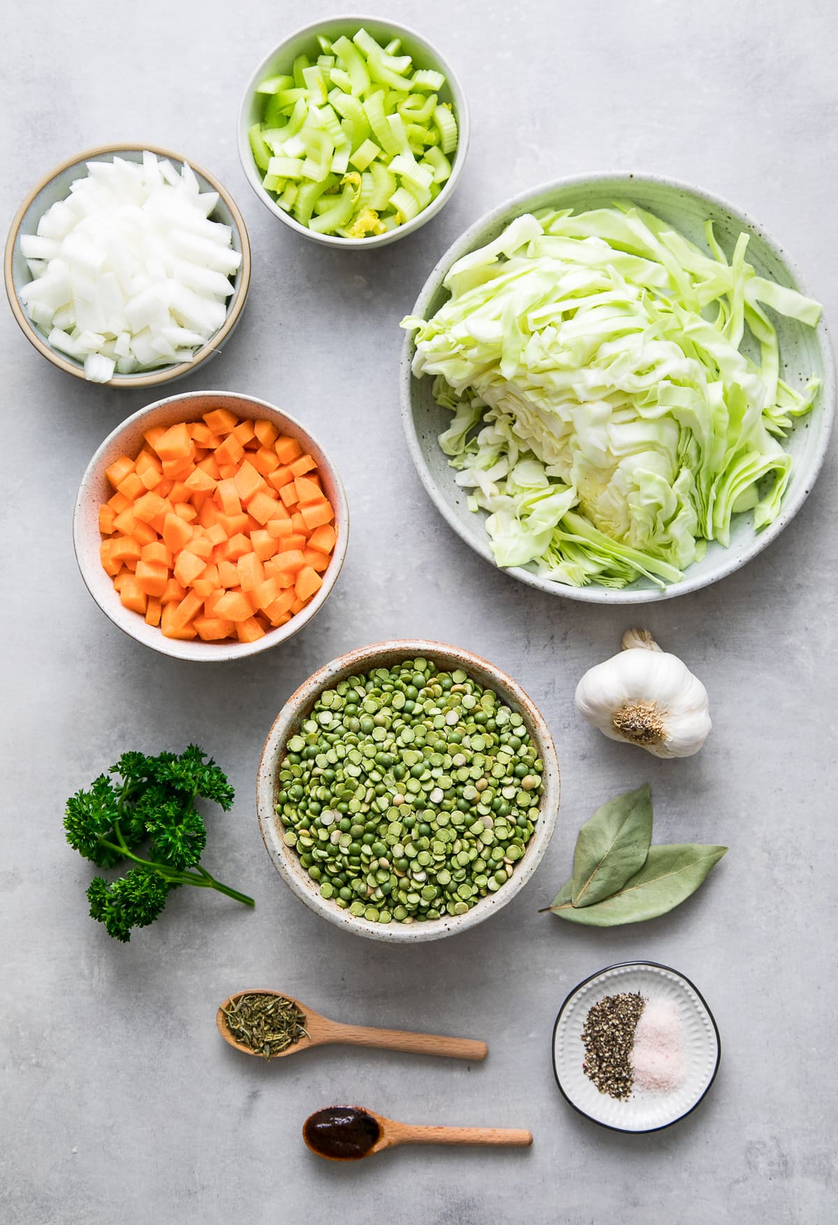 top down view of ingredients used to make the best vegan split peas soup.