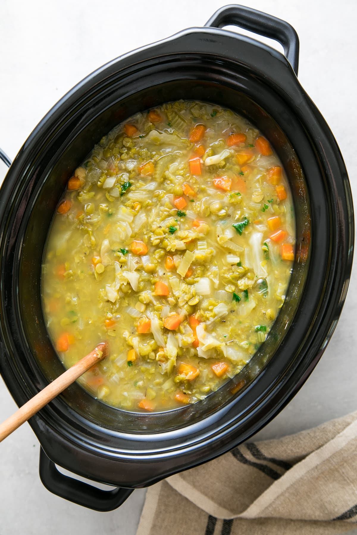 top down view of freshly cooked vegan split pea soup before pureeing.