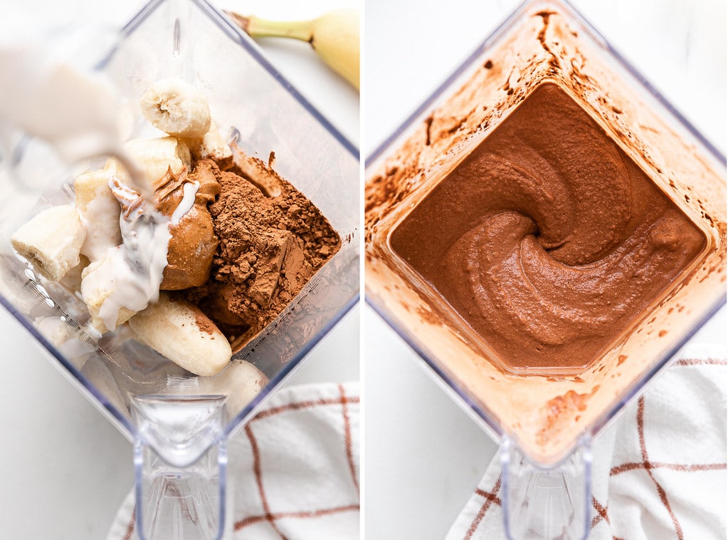 side by side photos showing the before and after of making chocolate almond butter smoothie in blender.