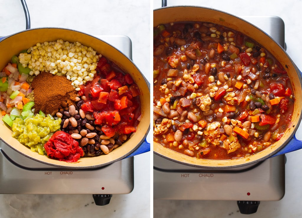 side by side photos showing the process of making easy vegetable chili on the stovetop.