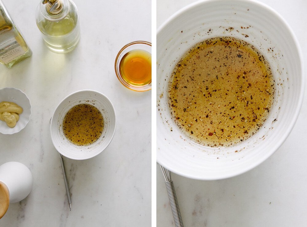 side by side photo showing the ingredients for spinach salad dressing.